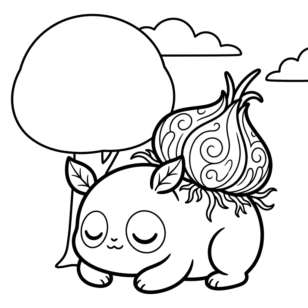Bulbasaur coloring page curled up in a cozy sleeping pose under a big simple tree
